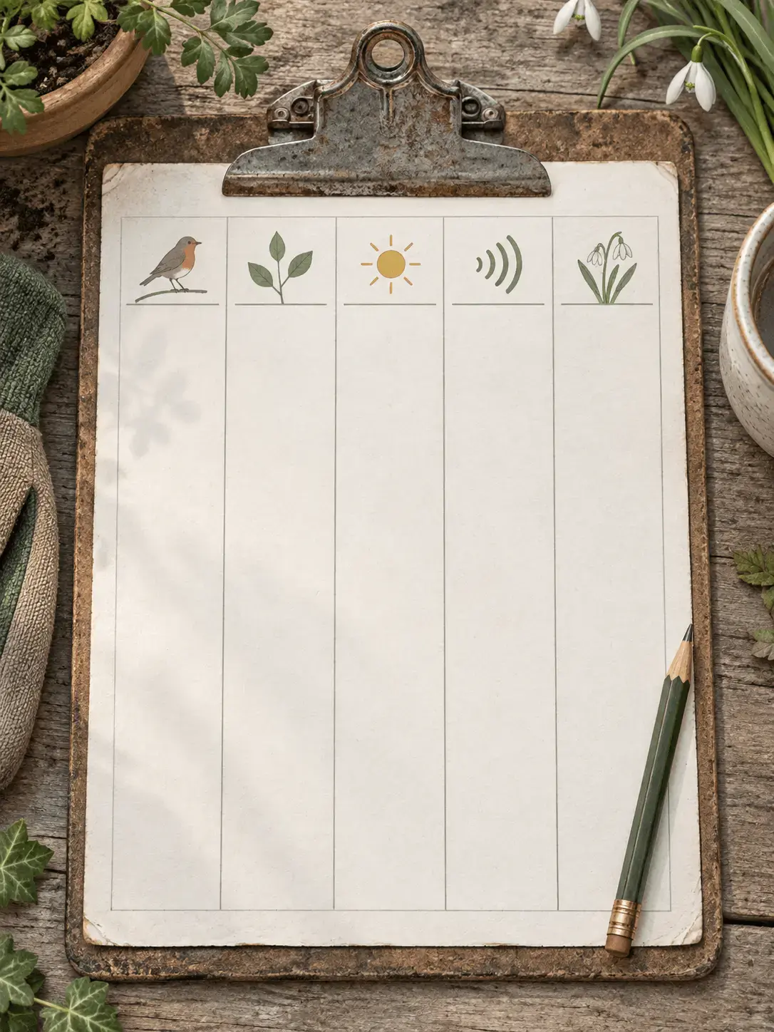 Illustration af et clipboard med en tom log opdelt i fem lodrette felter og en blyant ved siden af.