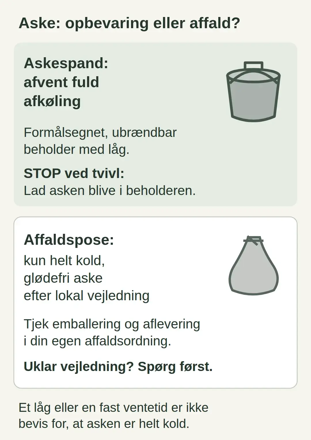Askespand: afvent fuld afkøling, og stop ved tvivl. Affaldspose: kun helt kold, glødefri aske efter lokal vejledning.