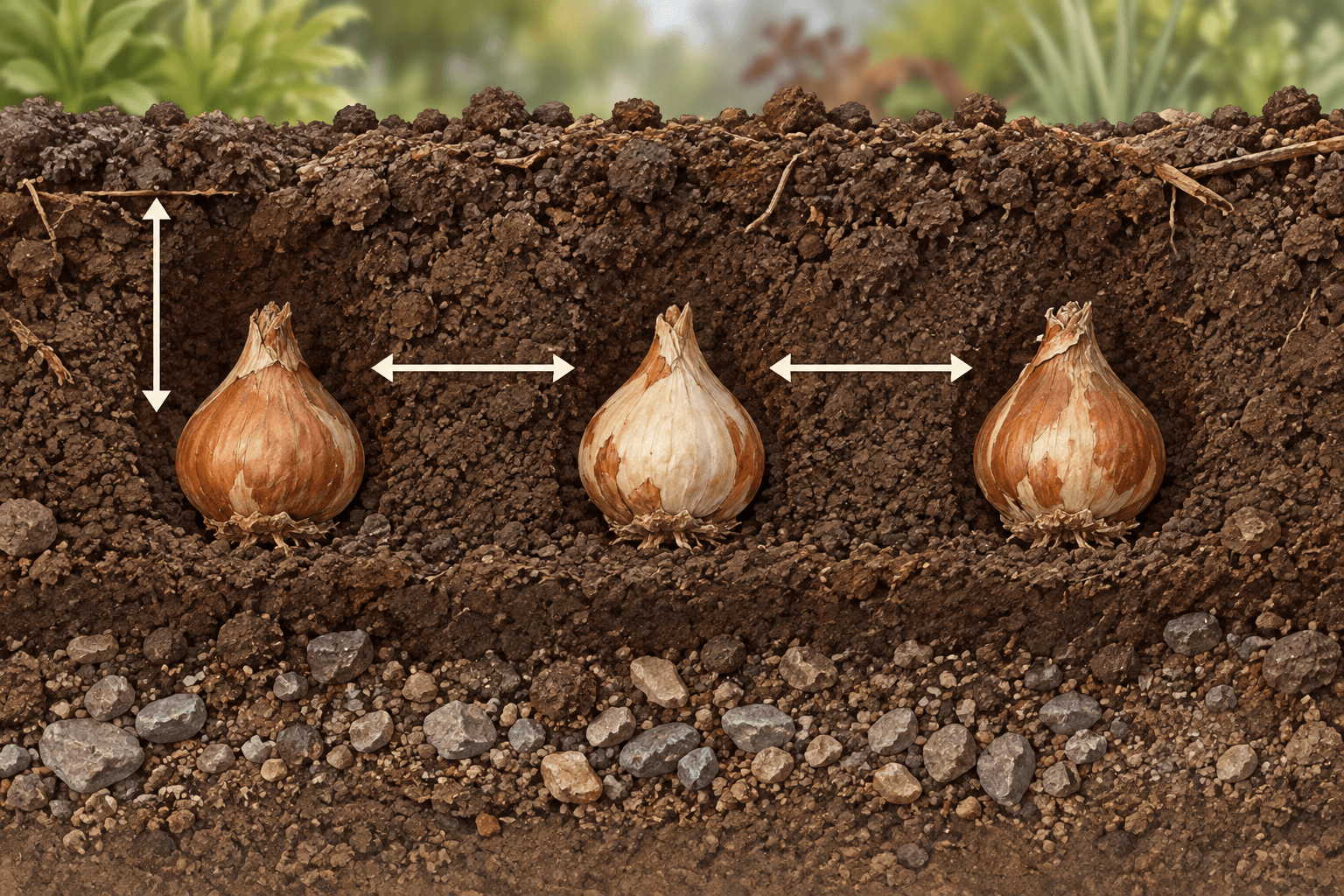 Illustration af blomsterløg i jord med pile for plantedybde og afstand.