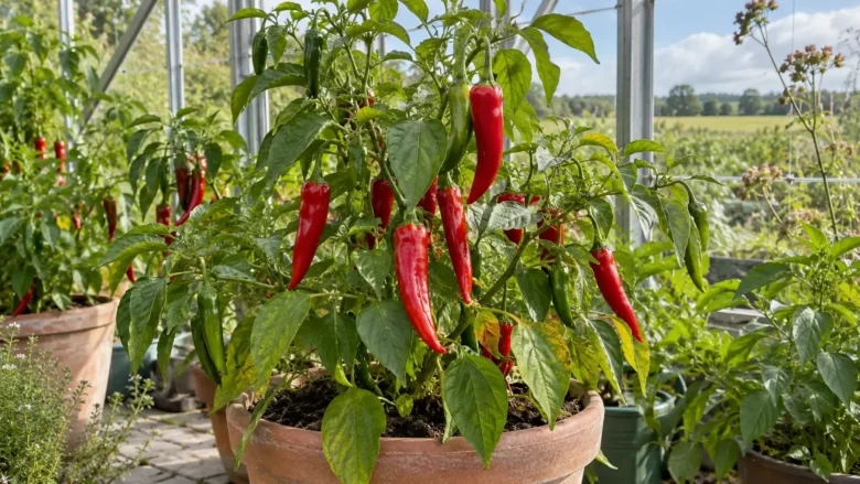 Chiliplante med røde og grønne chilier i en terrakottakrukke i et drivhus.