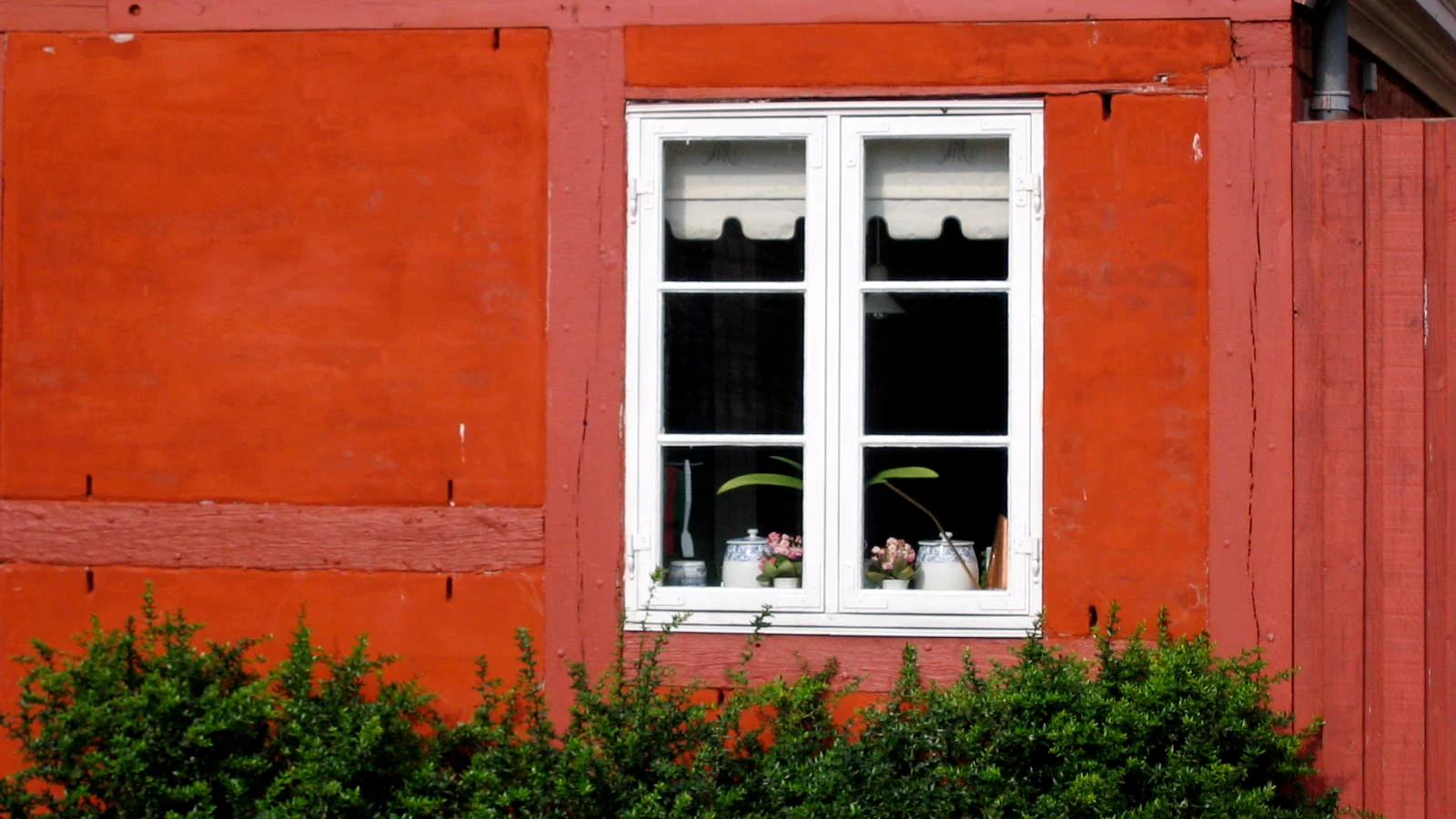Hvidt sprossevindue i en rød bindingsværksfacade med synlige rammer og glas.