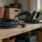 Frakoblet forlængerledning og elektrisk haveredskab på en tør hylde
