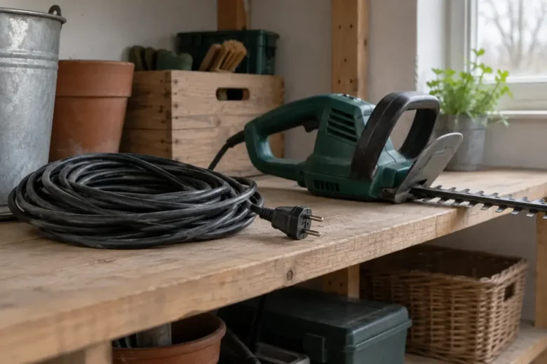Frakoblet forlængerledning og elektrisk haveredskab på en tør hylde