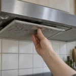 Et metalfedtfilter under en slukket emhætte med en hånd ved filterets lås.