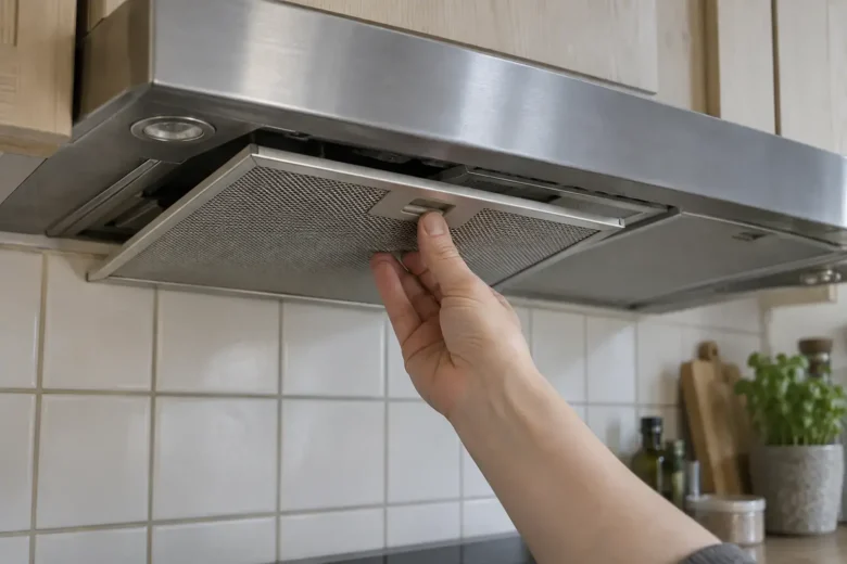 Et metalfedtfilter under en slukket emhætte med en hånd ved filterets lås.