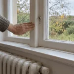Hånd undersøger træk langs et trævindue med radiator nedenunder før fyringssæsonen