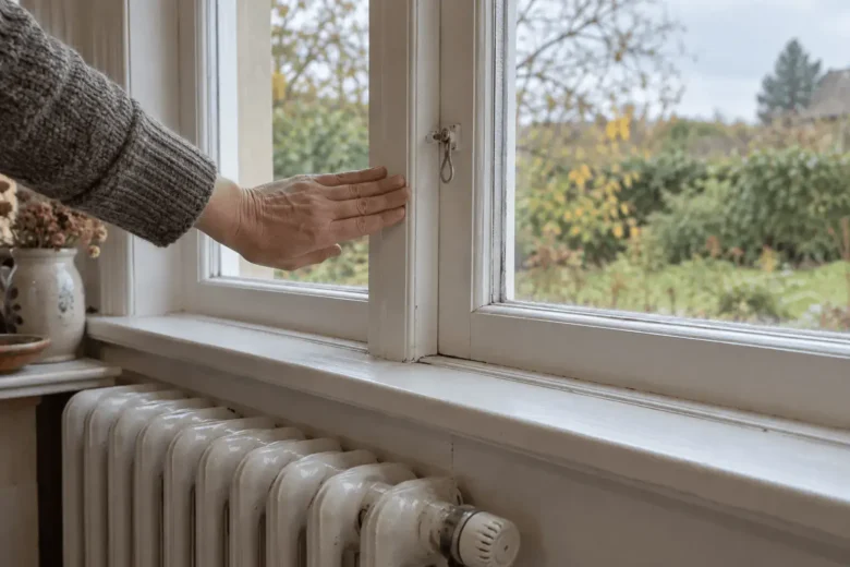 Hånd undersøger træk langs et trævindue med radiator nedenunder før fyringssæsonen