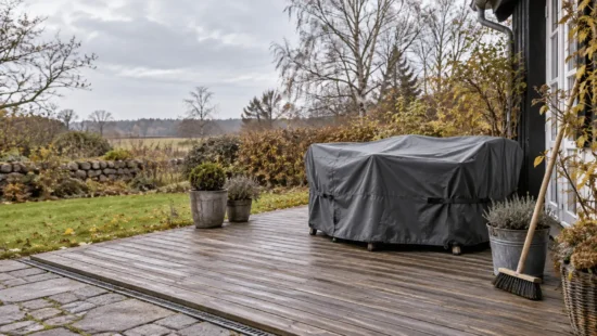 Illustrativ terrasse i en dansk have med ren træbelægning, fri afvanding og havemøbler dækket til for vinteren.