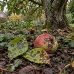 Skurplettede æbleblade og et beskadiget æble mellem bundplanter under et æbletræ