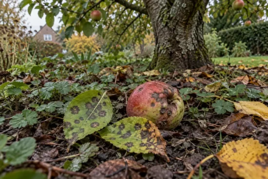 Skurplettede æbleblade og et beskadiget æble mellem bundplanter under et æbletræ