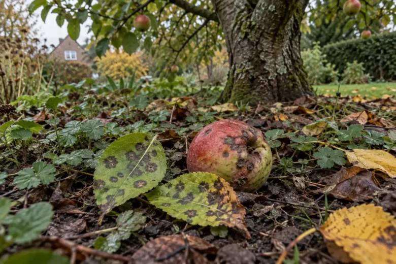 Skurplettede æbleblade og et beskadiget æble mellem bundplanter under et æbletræ