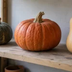 Orange og grønne vintergræskar samt en butternut står med afstand på en træhylde.