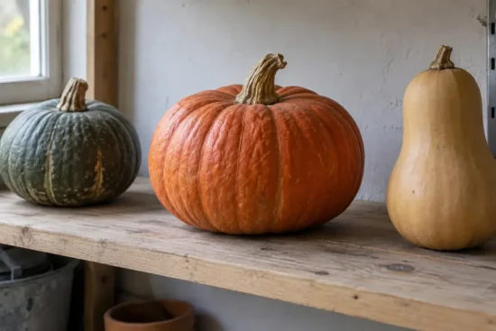 Orange og grønne vintergræskar samt en butternut står med afstand på en træhylde.