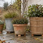 Krukker med flerårige planter samlet i læ og løftet på pottefødder