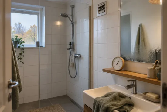 Badeværelse med udsugningsventil, let kondens på spejlet og hygrometer på en træhylde.
