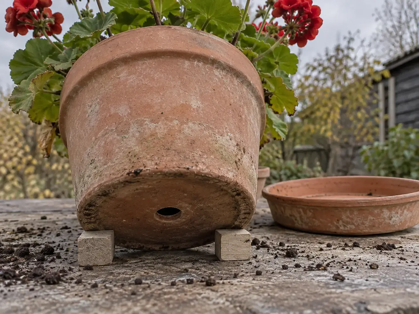 Afløbshul under en krukke med pelargonie og en tom underskål
