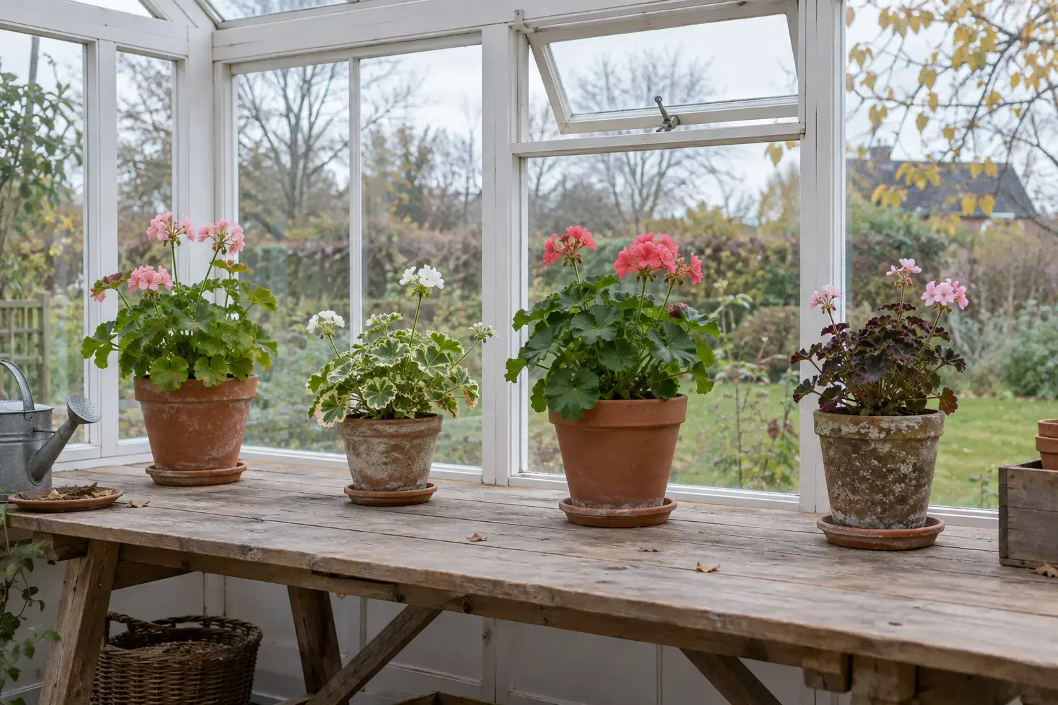 Pelargonier med luft imellem på en lys og frostfri vinterplads
