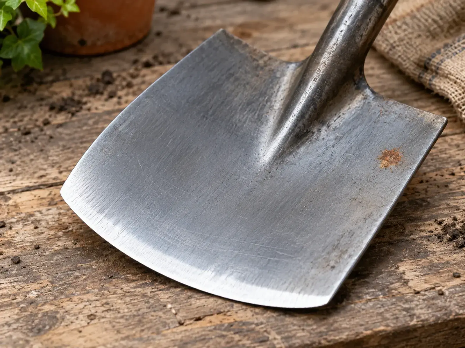 Kanten af en spade og et lille rustpunkt på metal ses tæt på en træflade.