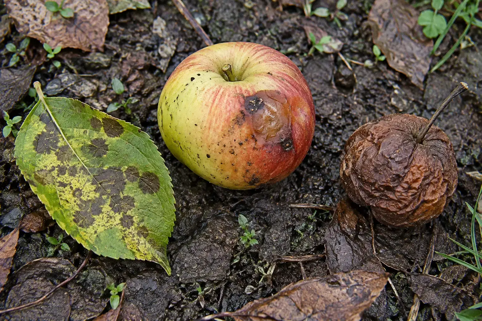 Plettet æbleblad, beskadiget æble og indtørret mumificeret æble