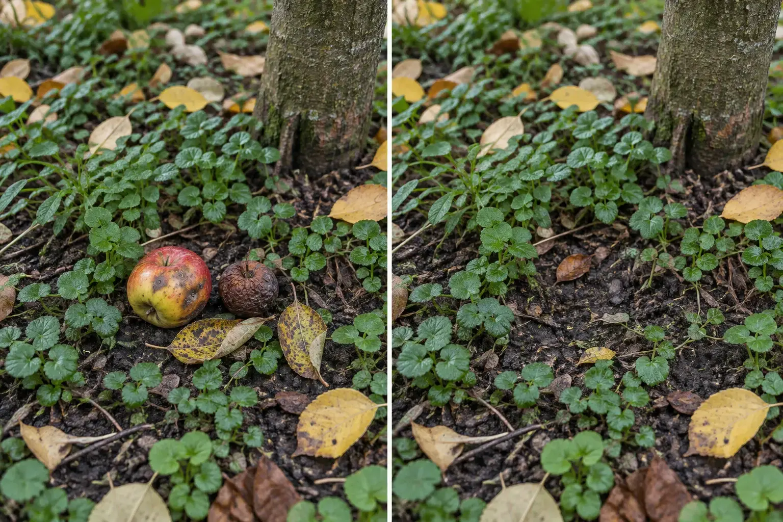 Samme område før og efter syge æbleblade og beskadiget frugt er fjernet