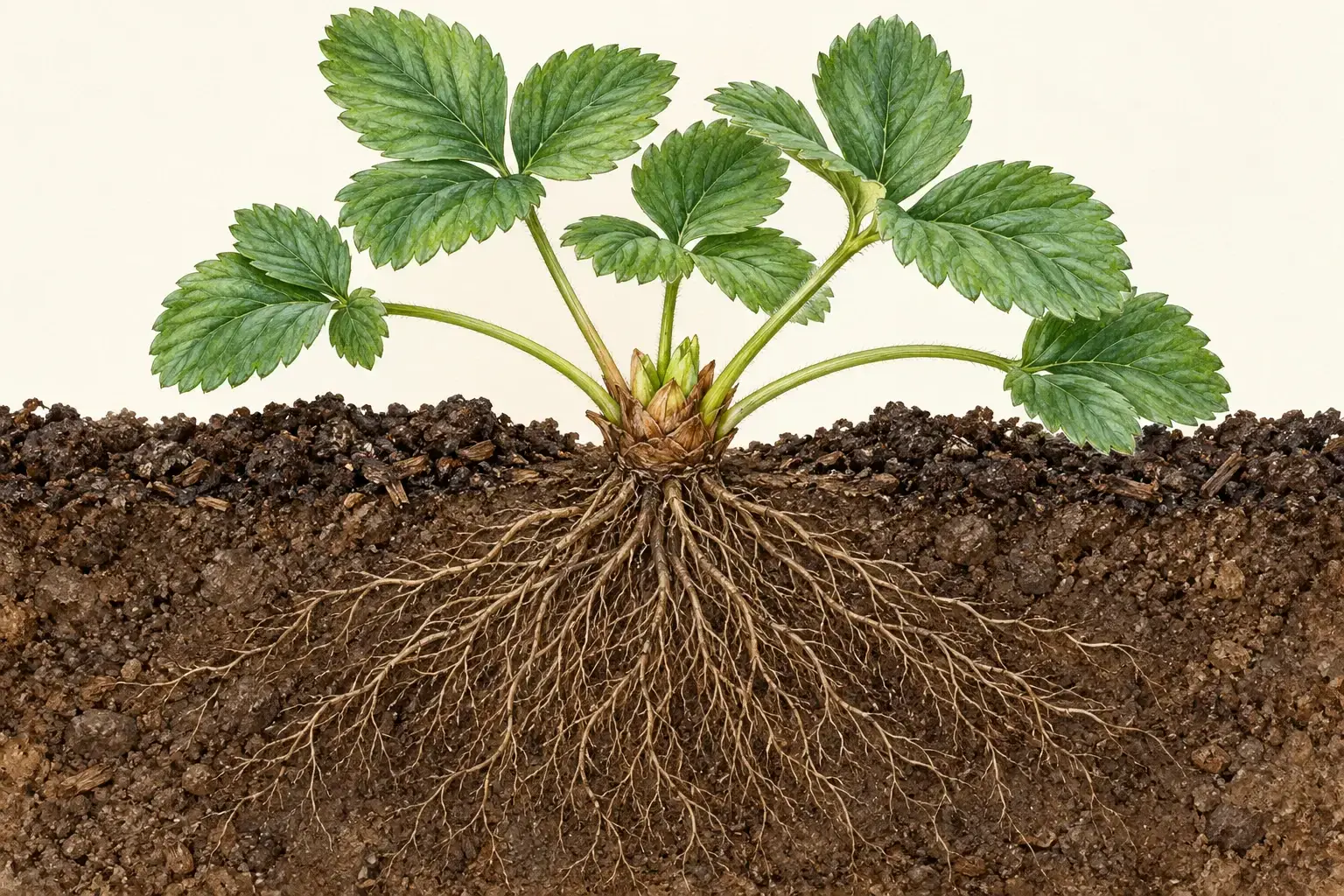 Botanisk snit med jordbærplantens krone ved jordoverfladen og forgrenede rødder nedenunder.