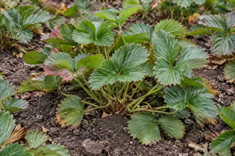 Jordbærplanter med grønne og rødlige blade i et efterårsbed.