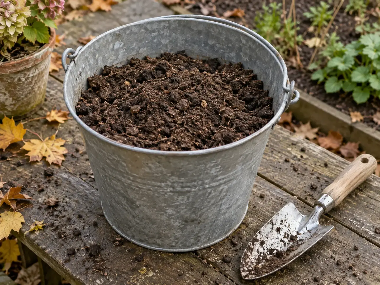 En galvaniseret spand med blandet jord og en lille håndskovl på et havebord.