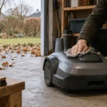 Illustrativt billede af en ren robotplæneklipper, der tørres af i et tørt skur før vinteropbevaring; efterårsløv ses udenfor.