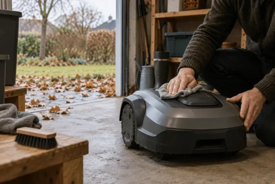 Illustrativt billede af en ren robotplæneklipper, der tørres af i et tørt skur før vinteropbevaring; efterårsløv ses udenfor.