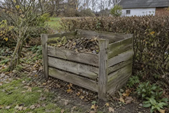 En slidt kompostbeholder af træ med blade og planterester i en efterårshave