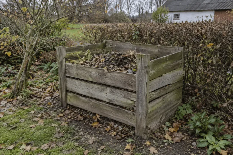 En slidt kompostbeholder af træ med blade og planterester i en efterårshave