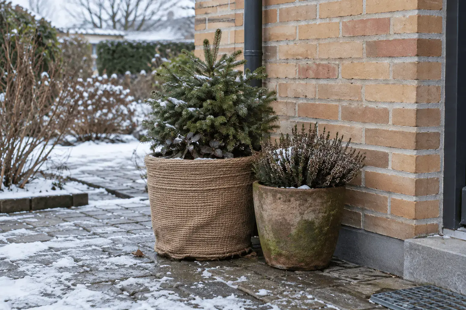 To krukker står i læ ved en mur på en vinterdag; den ene er isoleret udvendigt med jute.