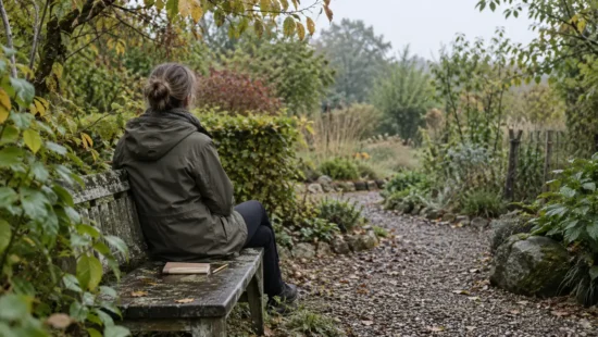 Person set bagfra på en bænk ved en grussti i en efterårshave med notesbog og blyant ved siden af sig.