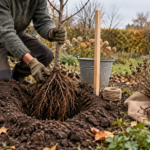 Illustration af en person, der planter et barrodet lille træ i et plantehul i en efterårshave; spade, støttepæl og bundter af barrodsbuske ligger ved siden af.