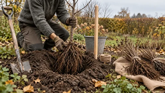 Illustration af en person, der planter et barrodet lille træ i et plantehul i en efterårshave; spade, støttepæl og bundter af barrodsbuske ligger ved siden af.