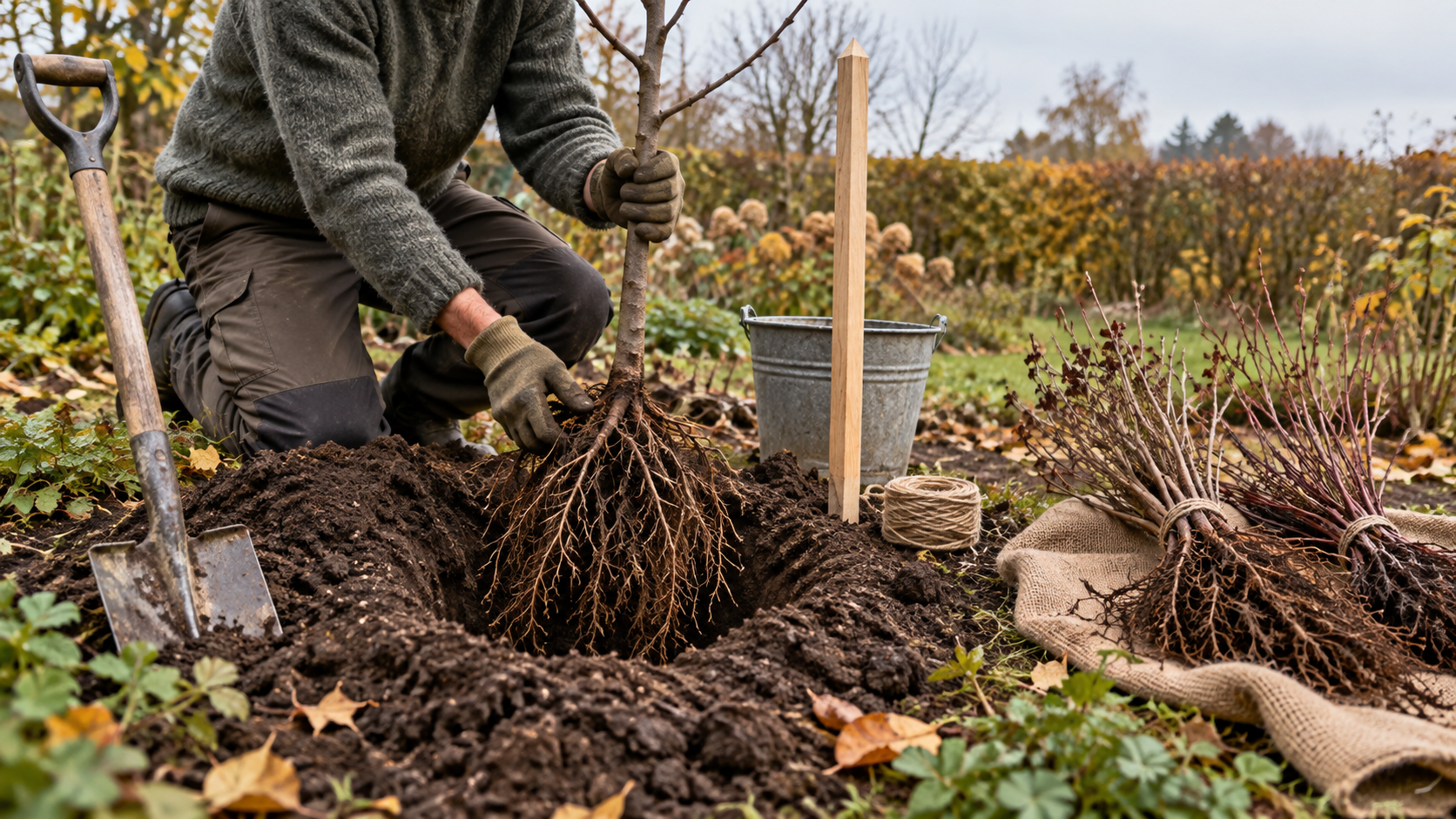 Illustration af en person, der planter et barrodet lille træ i et plantehul i en efterårshave; spade, støttepæl og bundter af barrodsbuske ligger ved siden af.