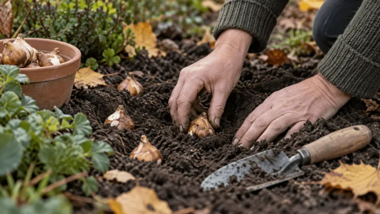 Hænder lægger blomsterløg i mørk jord. En håndskovl og efterårsblade ligger ved siden af.