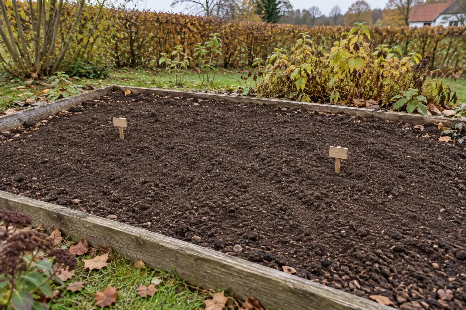 To planteskilte markerer hver sin planteplads i et nytilplantet bed