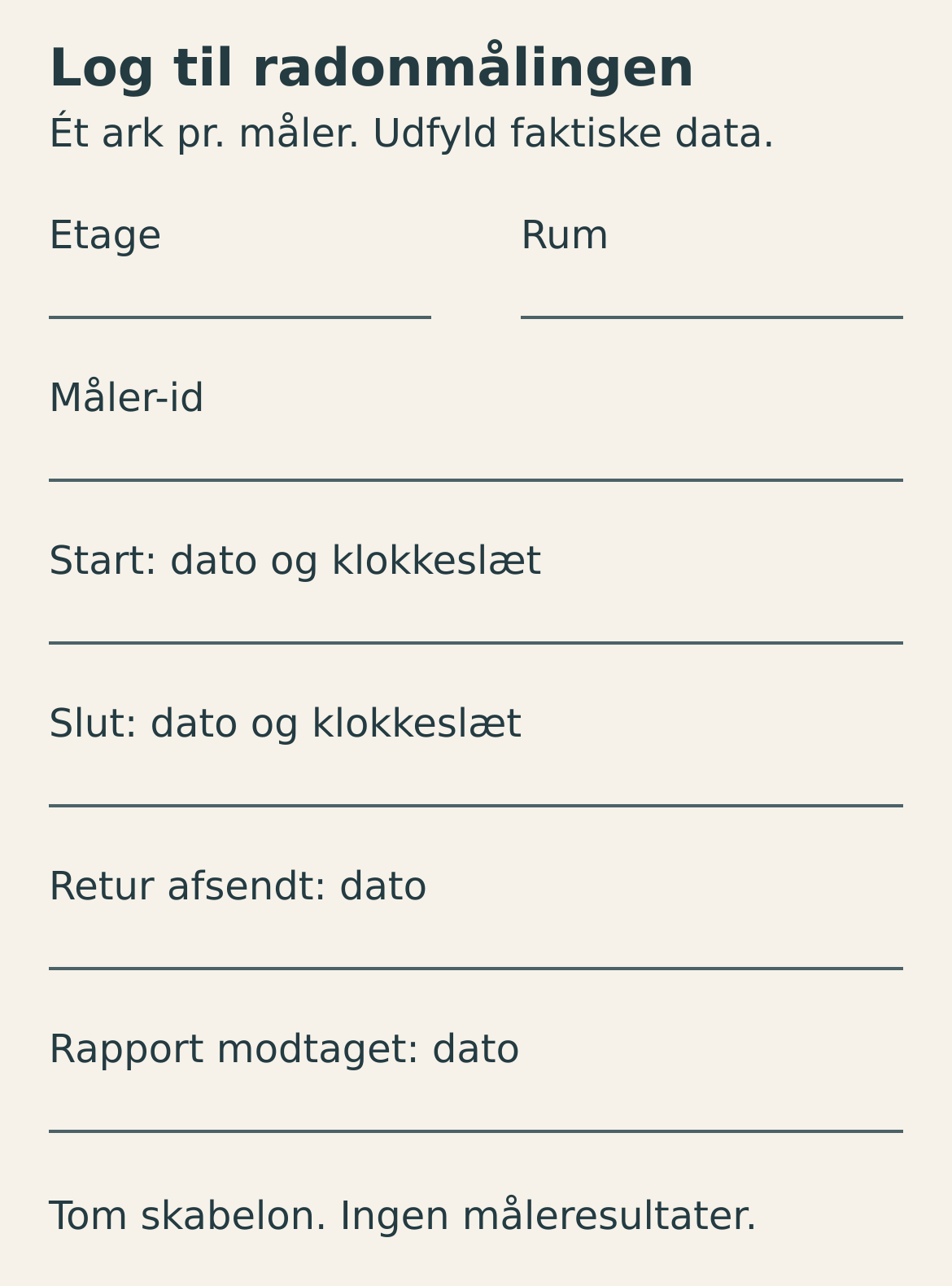 Tom log med felter til etage, rum, måler-id, start og slut med klokkeslæt samt dato for retur og modtaget rapport