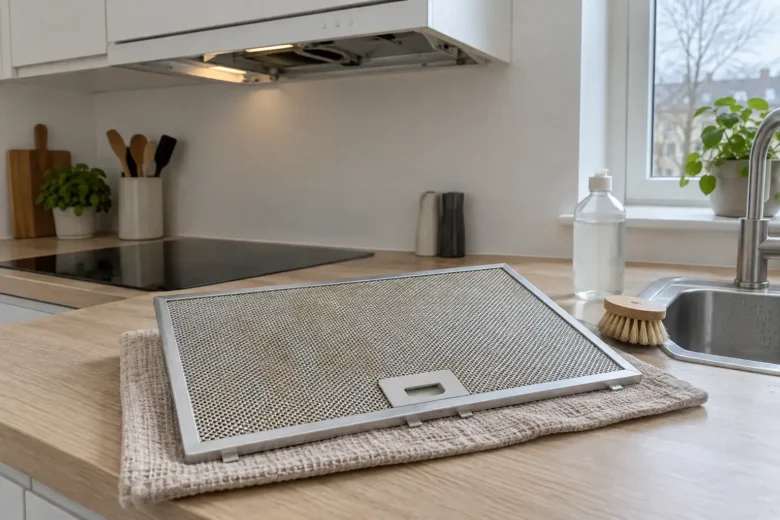 Et metalfilter fra en emhætte ligger på et foldet viskestykke på et køkkenbord ved siden af vasken.