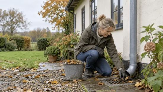 Person kontrollerer et nedløb og fjerner løv ved risten ved et hus i efterårshave.