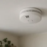 Neutral røgalarm i hvidt loft set let nedefra med synlig testknap.