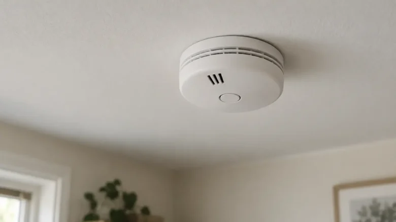 Neutral røgalarm i hvidt loft set let nedefra med synlig testknap.