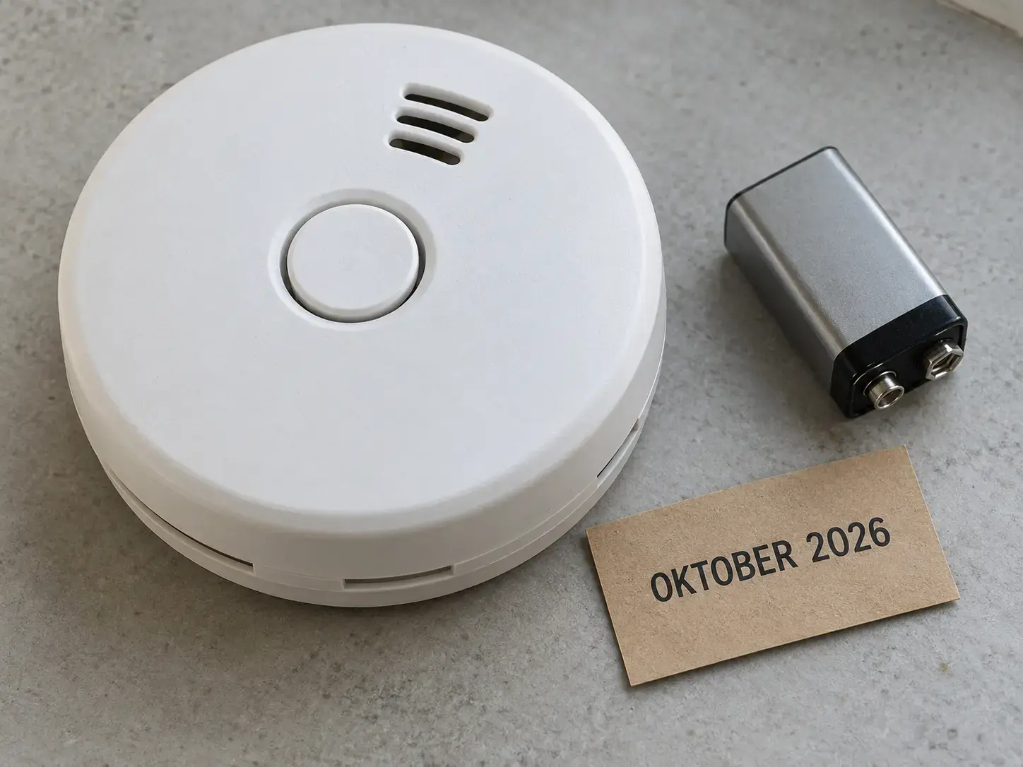 Neutral røgalarm med testknap ved siden af et umærket rektangulært batteri og en datomærkning med teksten OKTOBER 2026.