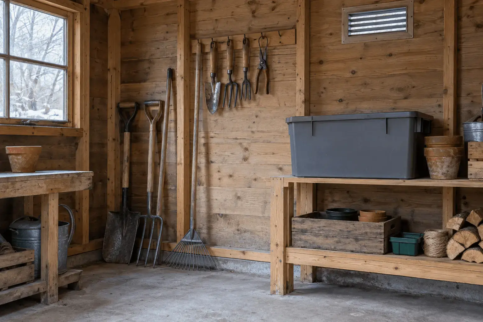 Illustrativt foto: Tørt haveredskab, opbevaringskasse hævet fra gulvet og fri ventilationsrist i et skur.