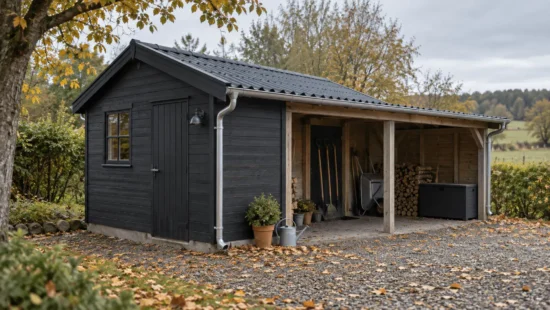 Illustration af velholdt mørkt træskur med carport i efterårshave, rene tagrender og tørt opbevaret haveværktøj.