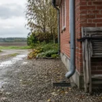Et nedløbsrør leder vandet til en rist ved en murstensbygning, mens sammenklappede havestole står fastspændt ved væggen.