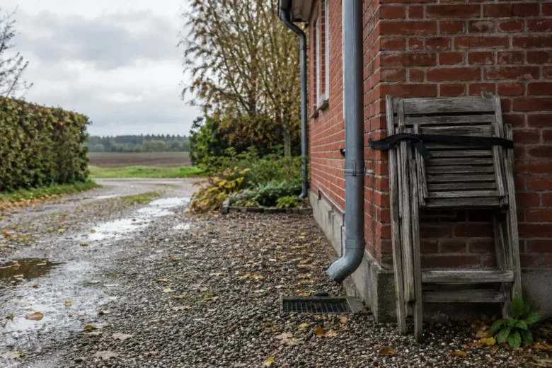 Et nedløbsrør leder vandet til en rist ved en murstensbygning, mens sammenklappede havestole står fastspændt ved væggen.
