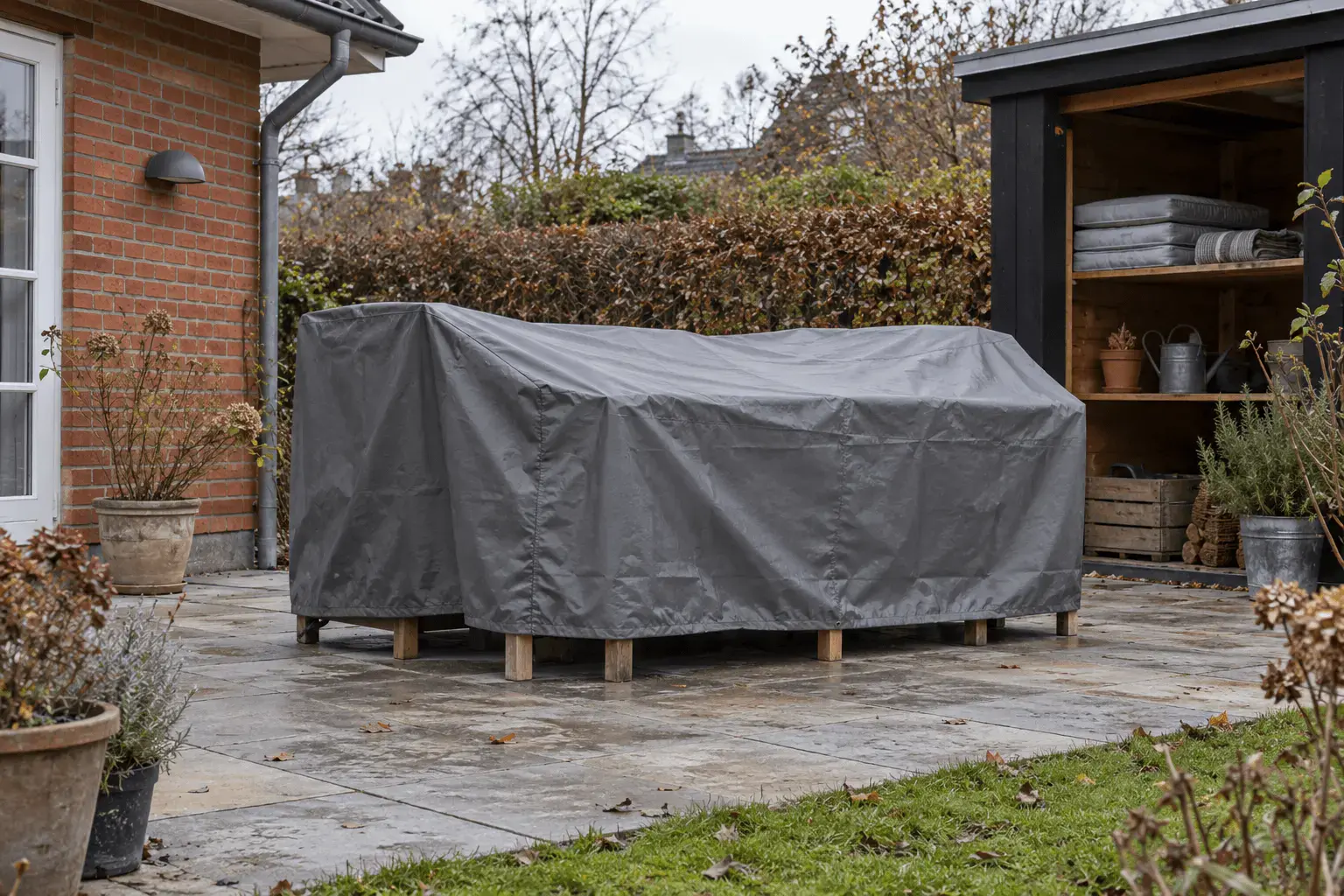 Illustrativt foto: Havemøbler står hævet under et løstsiddende gråt overtræk med luft ved kanten på en dansk terrasse.