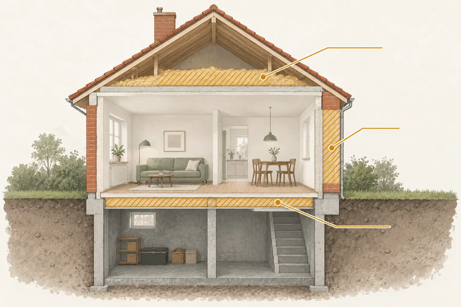 Illustrativt diagram: Loft, ydervæg og etageadskillelse over en uopvarmet kælder er markeret som steder at undersøge.